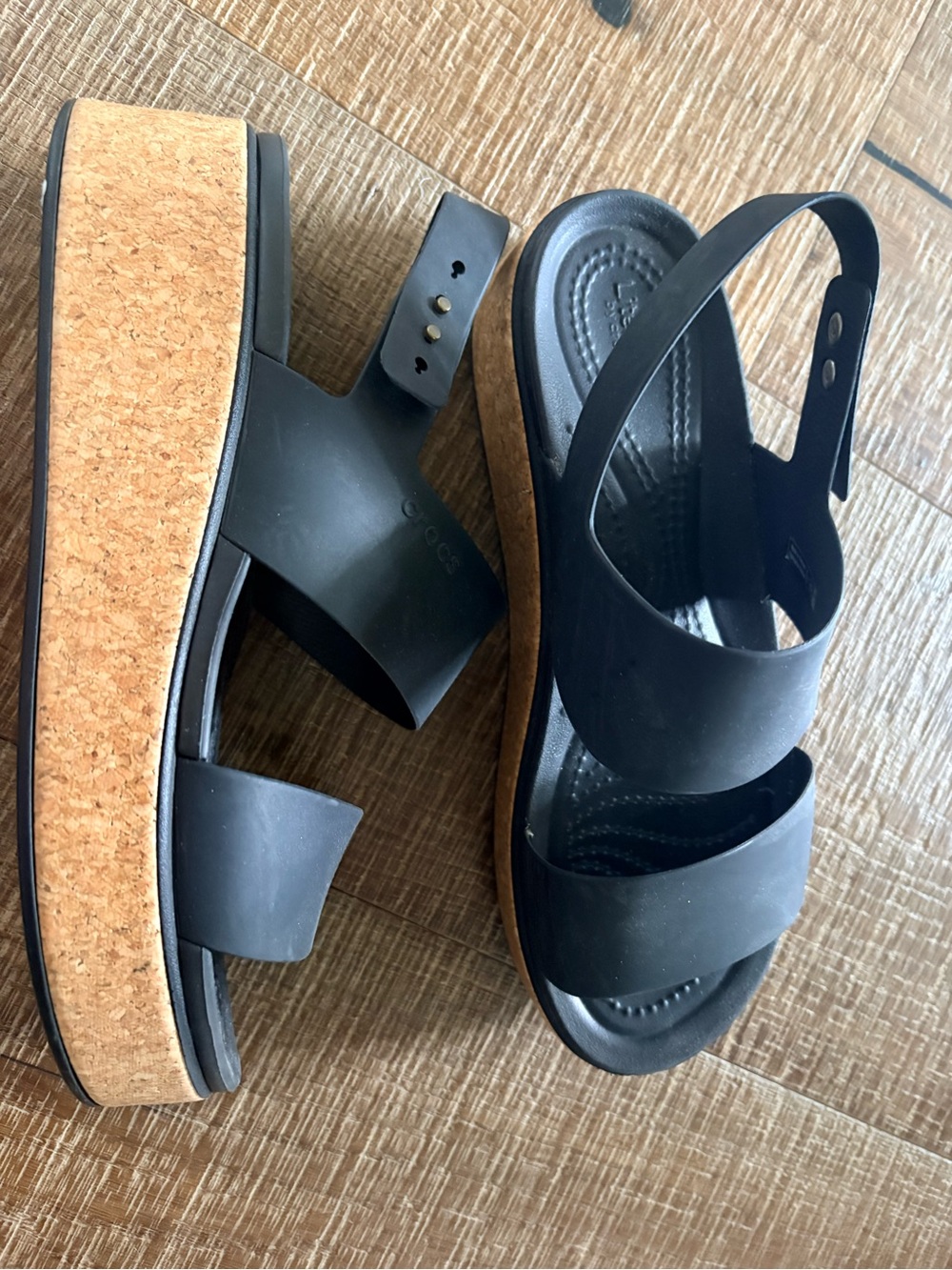 CROCS Black Platform Slingback Sandals with Cork-Style Platform